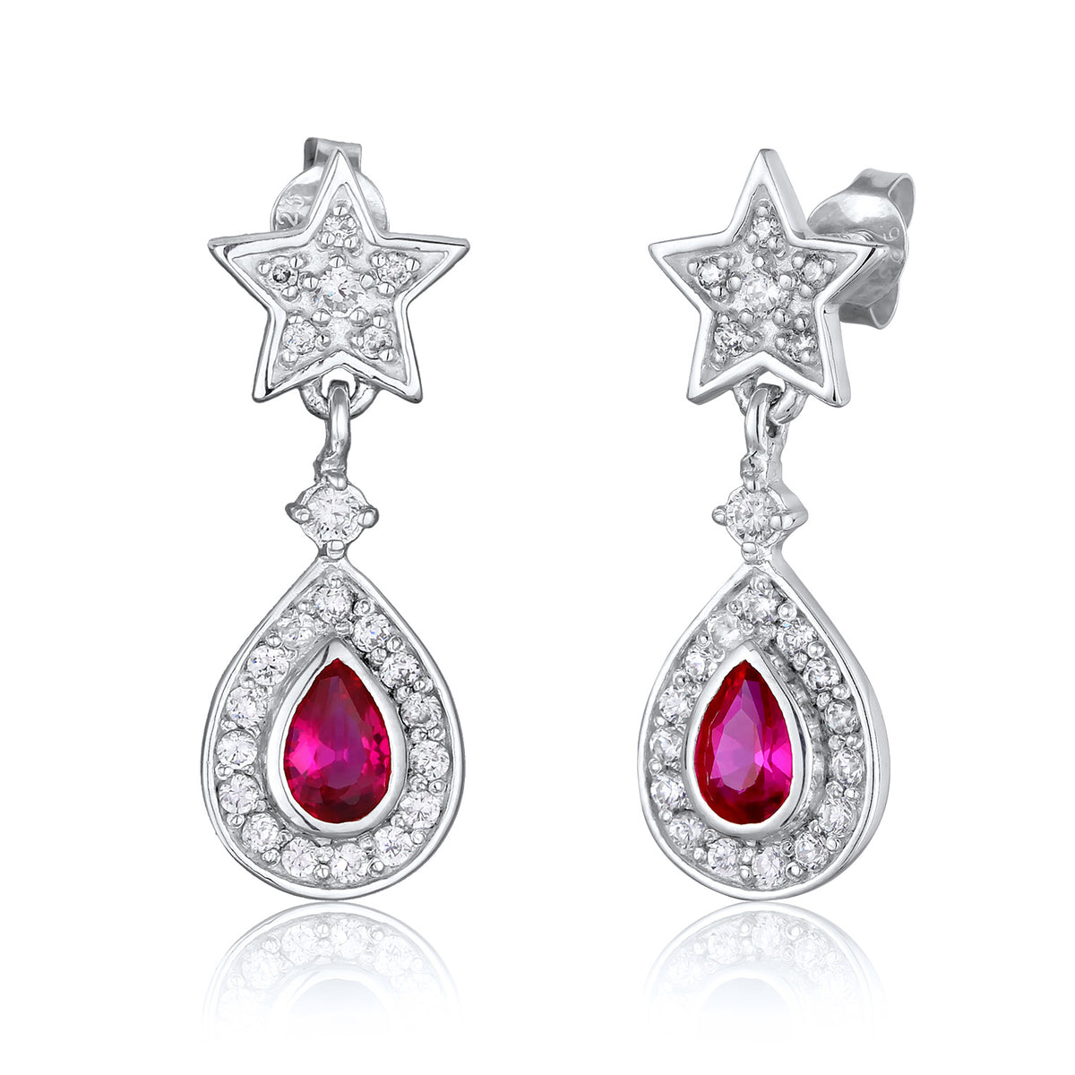Silber - Elli PREMIUM | Ohrhänger Tropfen & Stern | Rubin, synthetisch (Pink) | 925er Sterling Silber