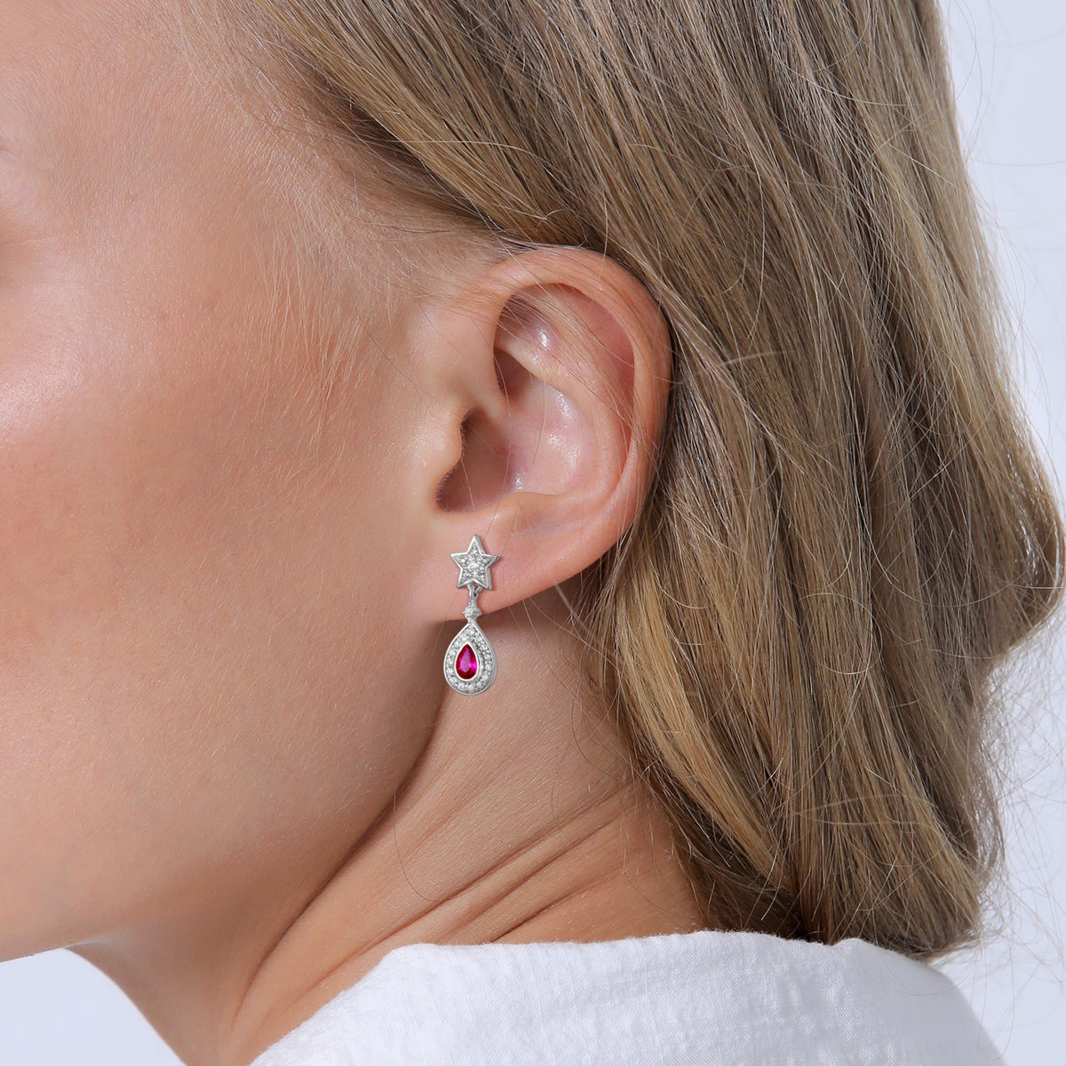 Silber - Elli PREMIUM | Ohrhänger Tropfen & Stern | Rubin, synthetisch (Pink) | 925er Sterling Silber