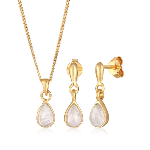 Gold - Elli PREMIUM | Schmuckset Tropfen | Mondstein (Weiß) | 925 Sterling SIlber vergoldet
