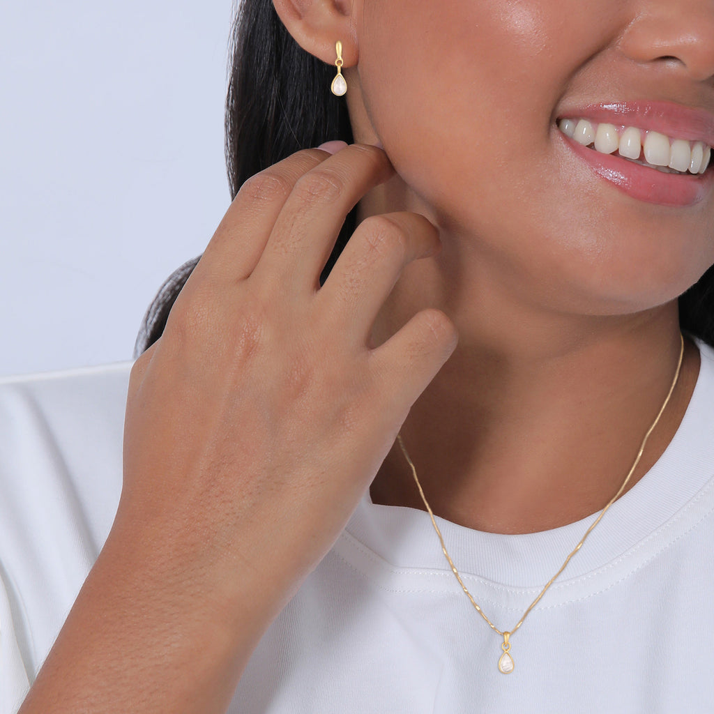 Gold - Elli PREMIUM | Schmuckset Tropfen | Mondstein (Weiß) | 925 Sterling SIlber vergoldet