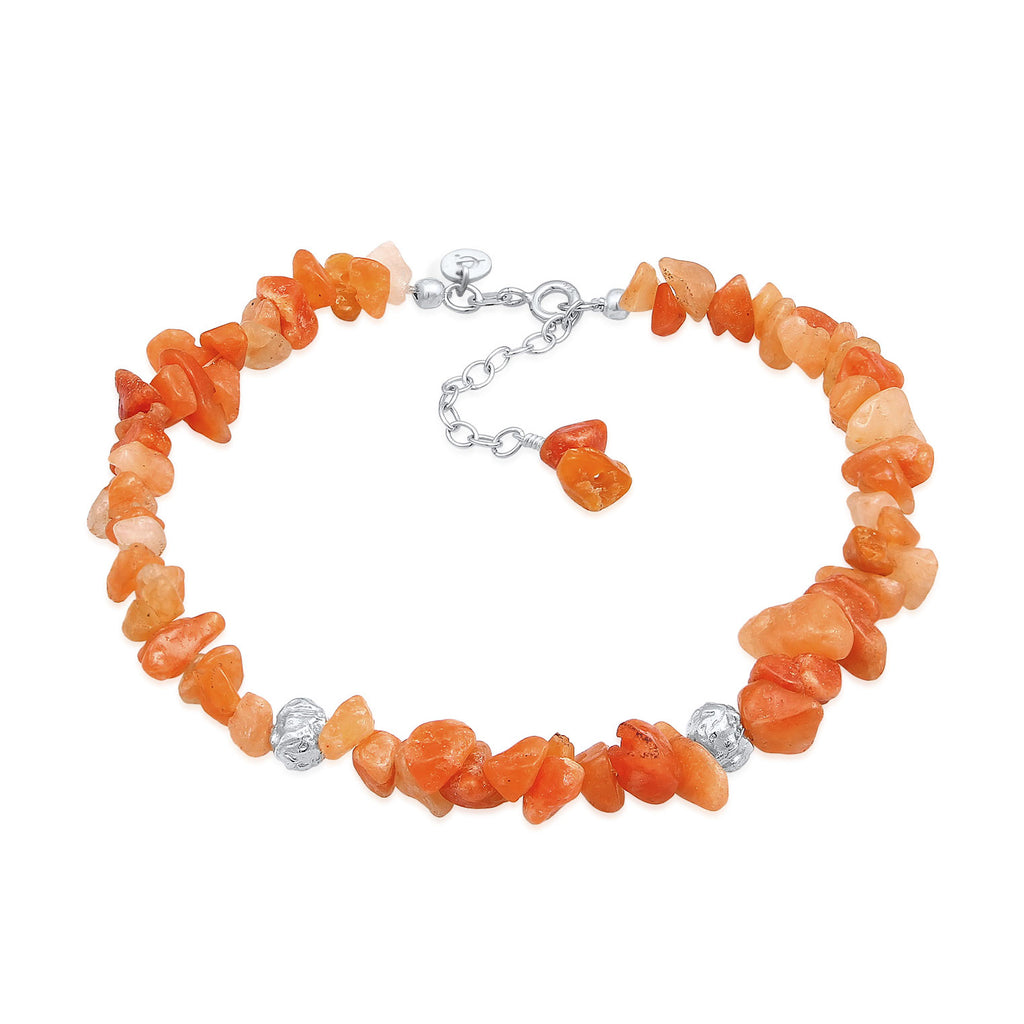 Silber - Elli PREMIUM | Fußkettchen Beads | Aventurin Steine (Orange) | 925er Sterling Silber