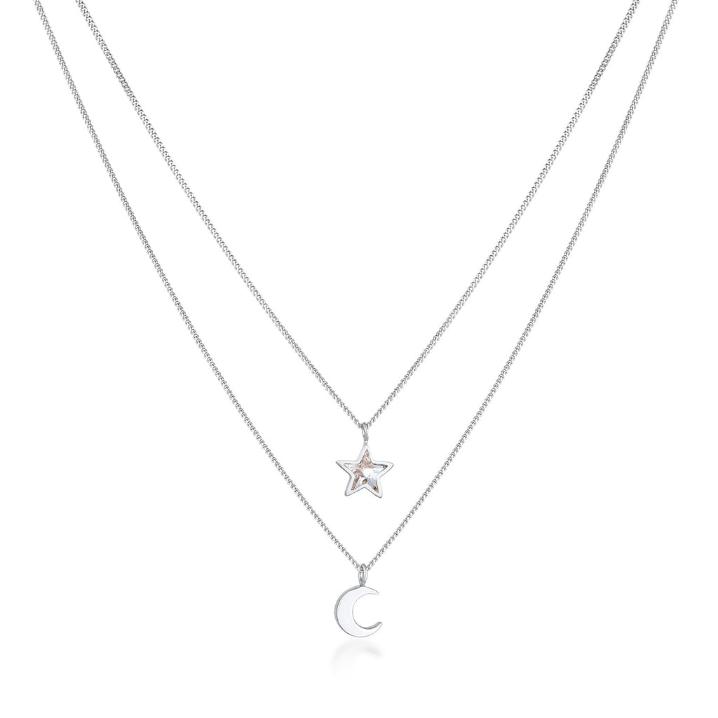 Silber - Elli | Layer-Halskette Stern Halbmond | Mit Kristallen von Swarovski® (Weiß) | 925er Sterling Silber