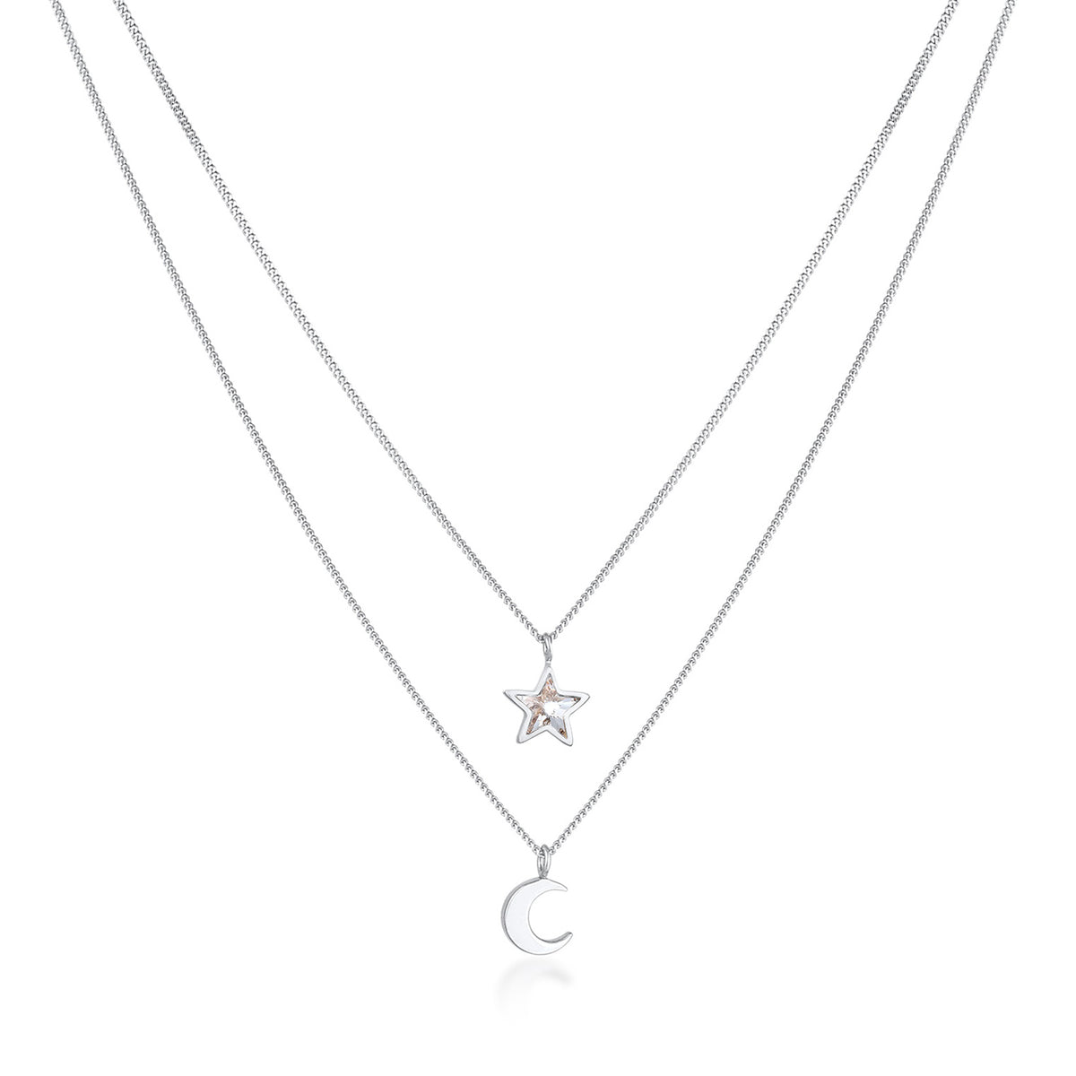 Silber - Elli | Layer-Halskette Stern Halbmond | Mit Kristallen von Swarovski® (Weiß) | 925er Sterling Silber