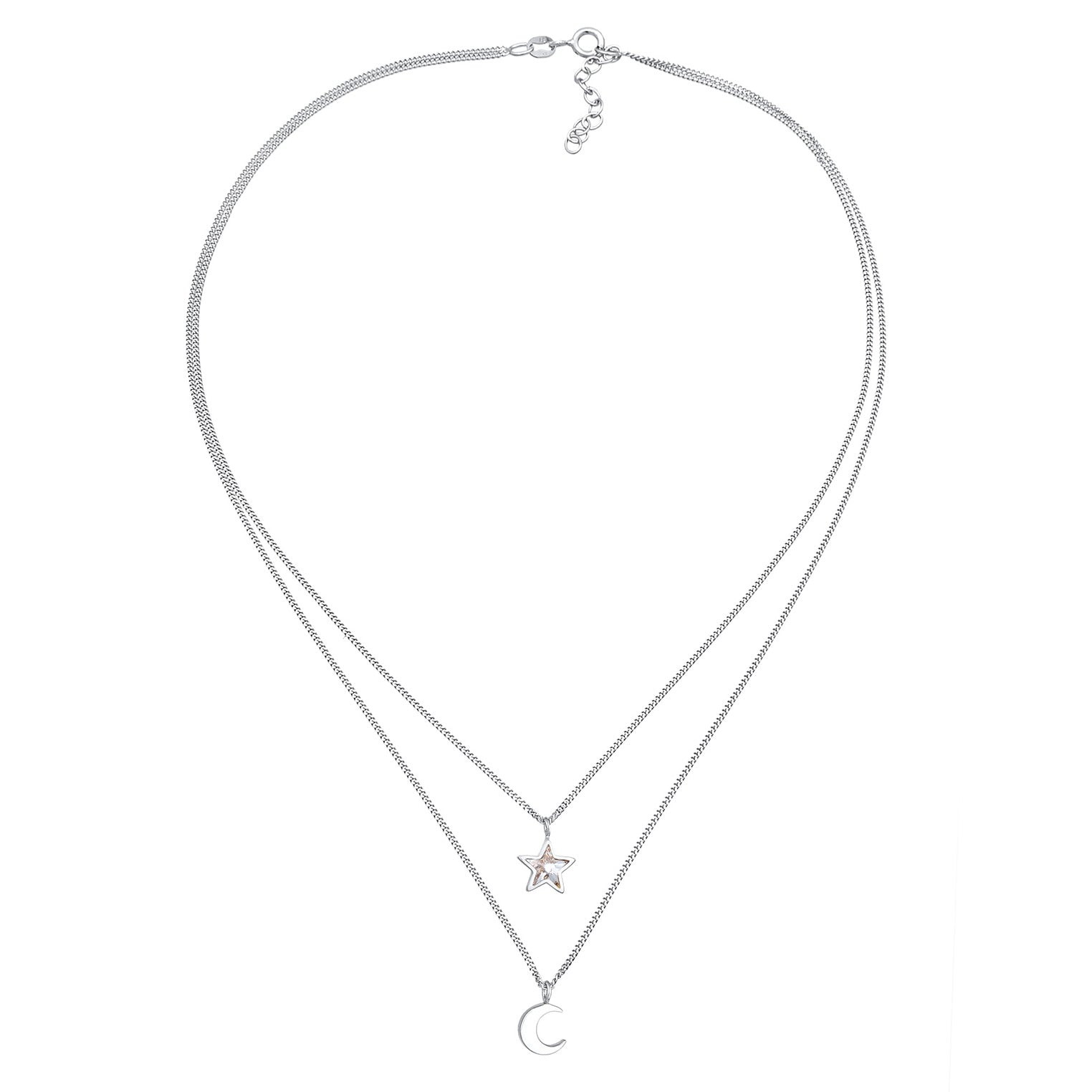 Silber - Elli | Layer-Halskette Stern Halbmond | Kristall (Weiß) | 925er Sterling Silber