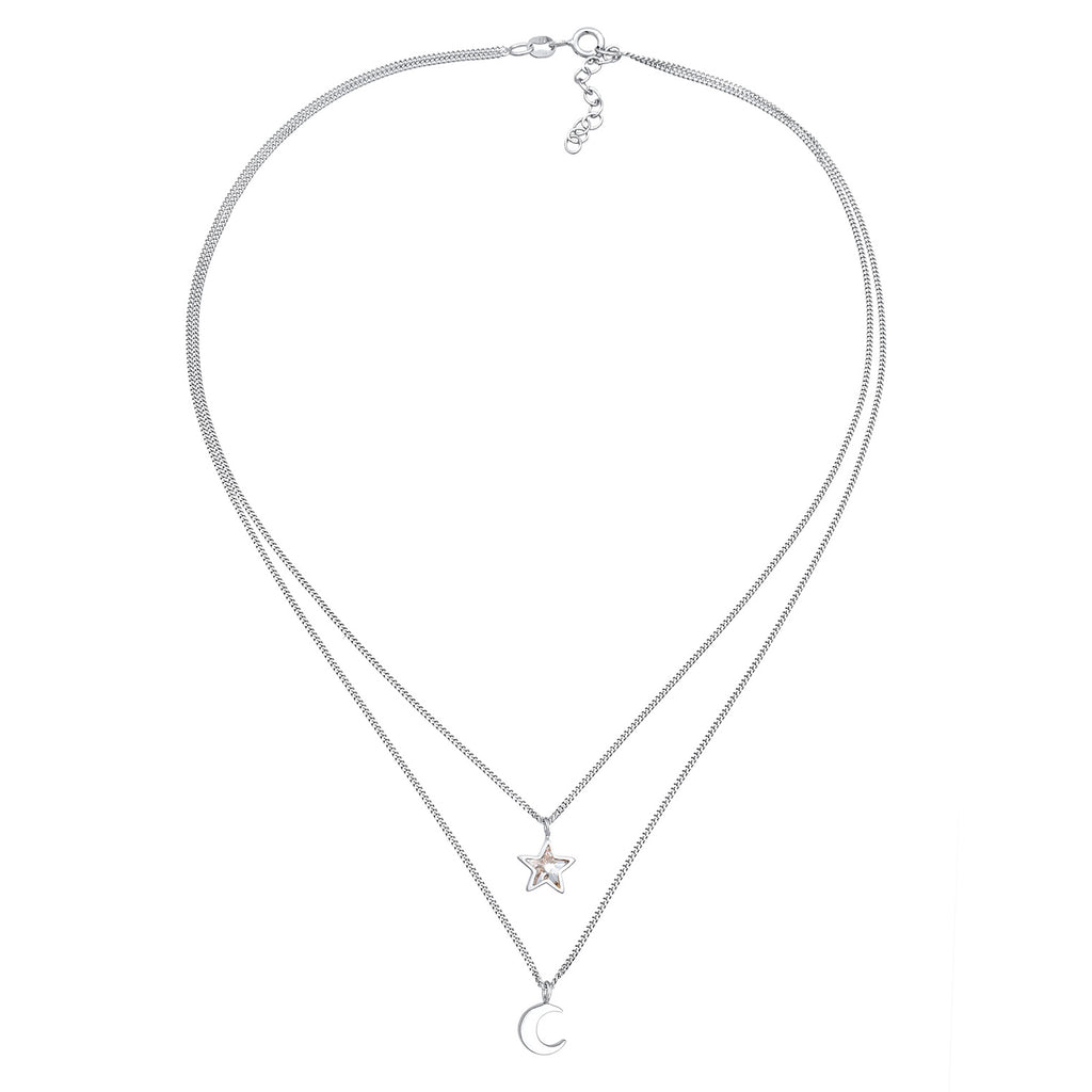 Silber - Elli | Layer-Halskette Stern Halbmond | Mit Kristallen von Swarovski® (Weiß) | 925er Sterling Silber