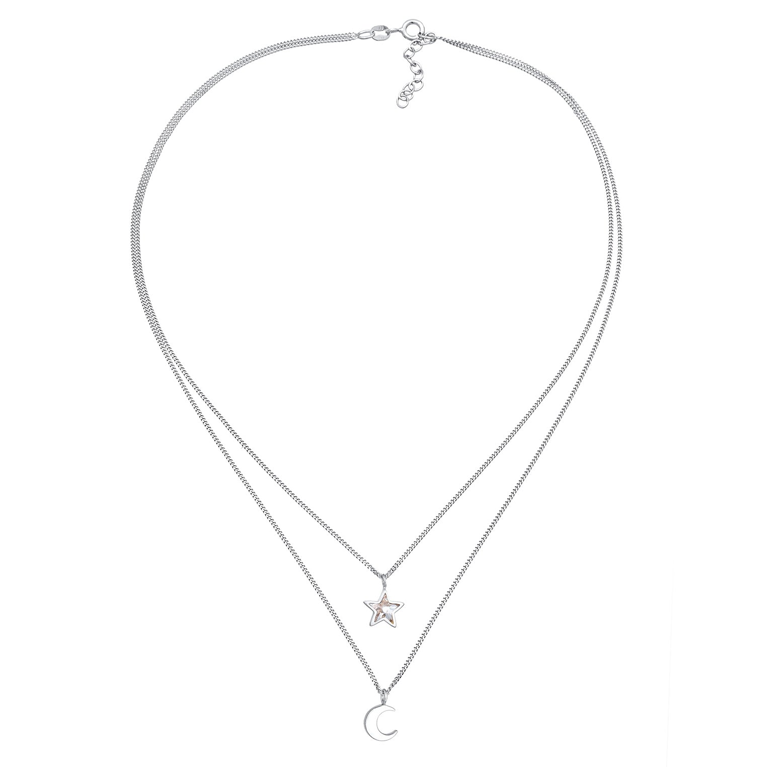 Silber - Elli | Layer-Halskette Stern Halbmond | Mit Kristallen von Swarovski® (Weiß) | 925er Sterling Silber