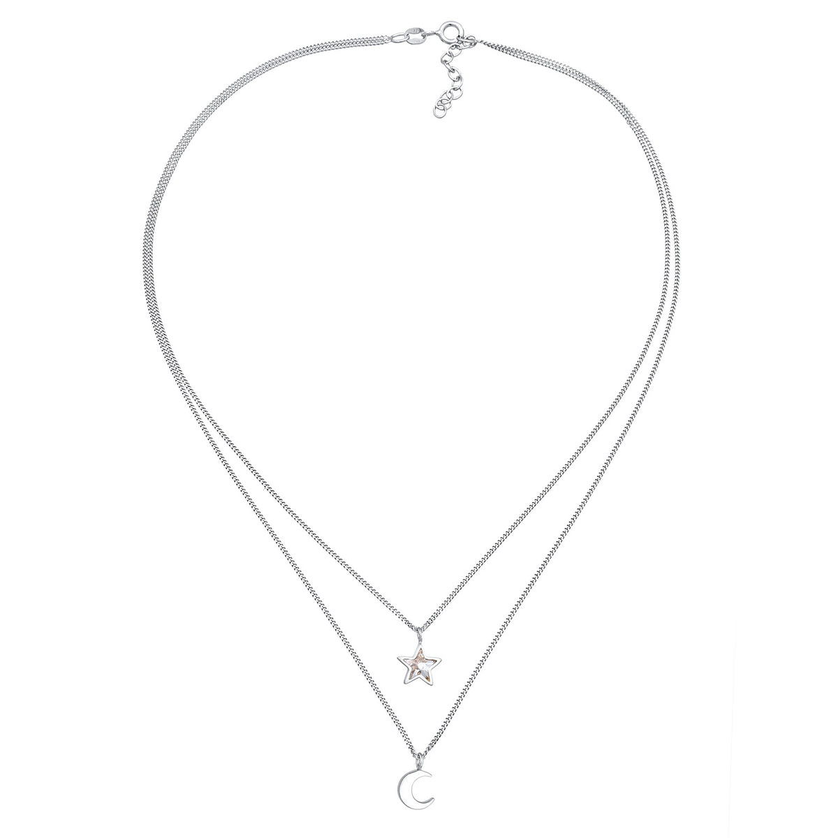 Silber - Elli | Layer-Halskette Stern Halbmond | Mit Kristallen von Swarovski® (Weiß) | 925er Sterling Silber
