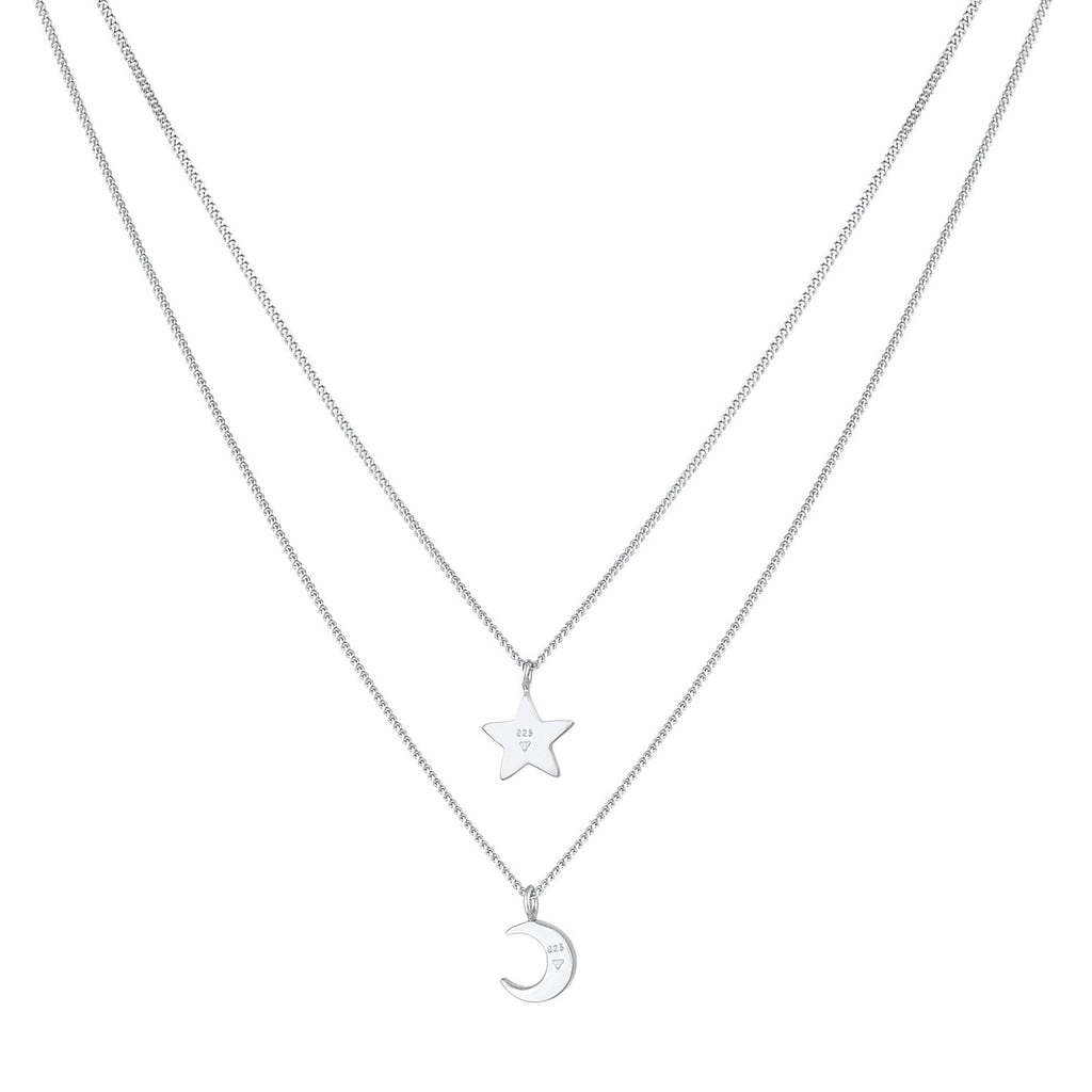 Silber - Elli | Layer-Halskette Stern Halbmond | Mit Kristallen von Swarovski® (Weiß) | 925er Sterling Silber