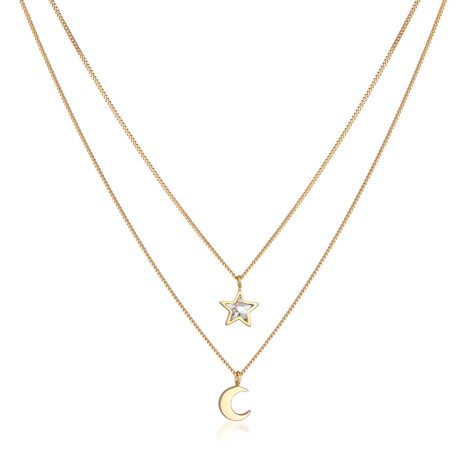 Gold - Elli | Layer-Halskette Stern Halbmond | Mit Kristallen von Swarovski® (Weiß) | 925er Sterling Silber