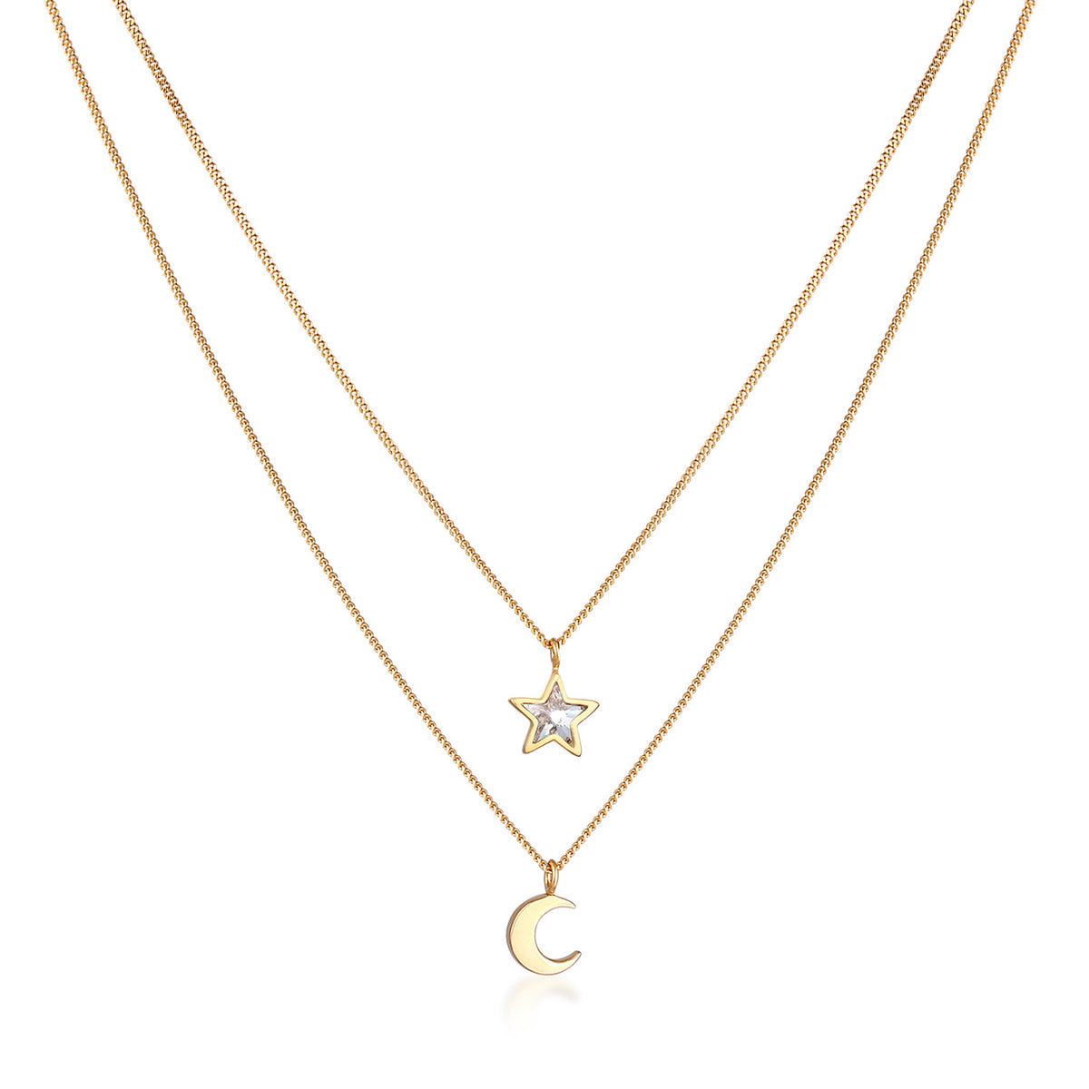 Gold - Elli | Layer-Halskette Stern Halbmond | Mit Kristallen von Swarovski® (Weiß) | 925er Sterling Silber