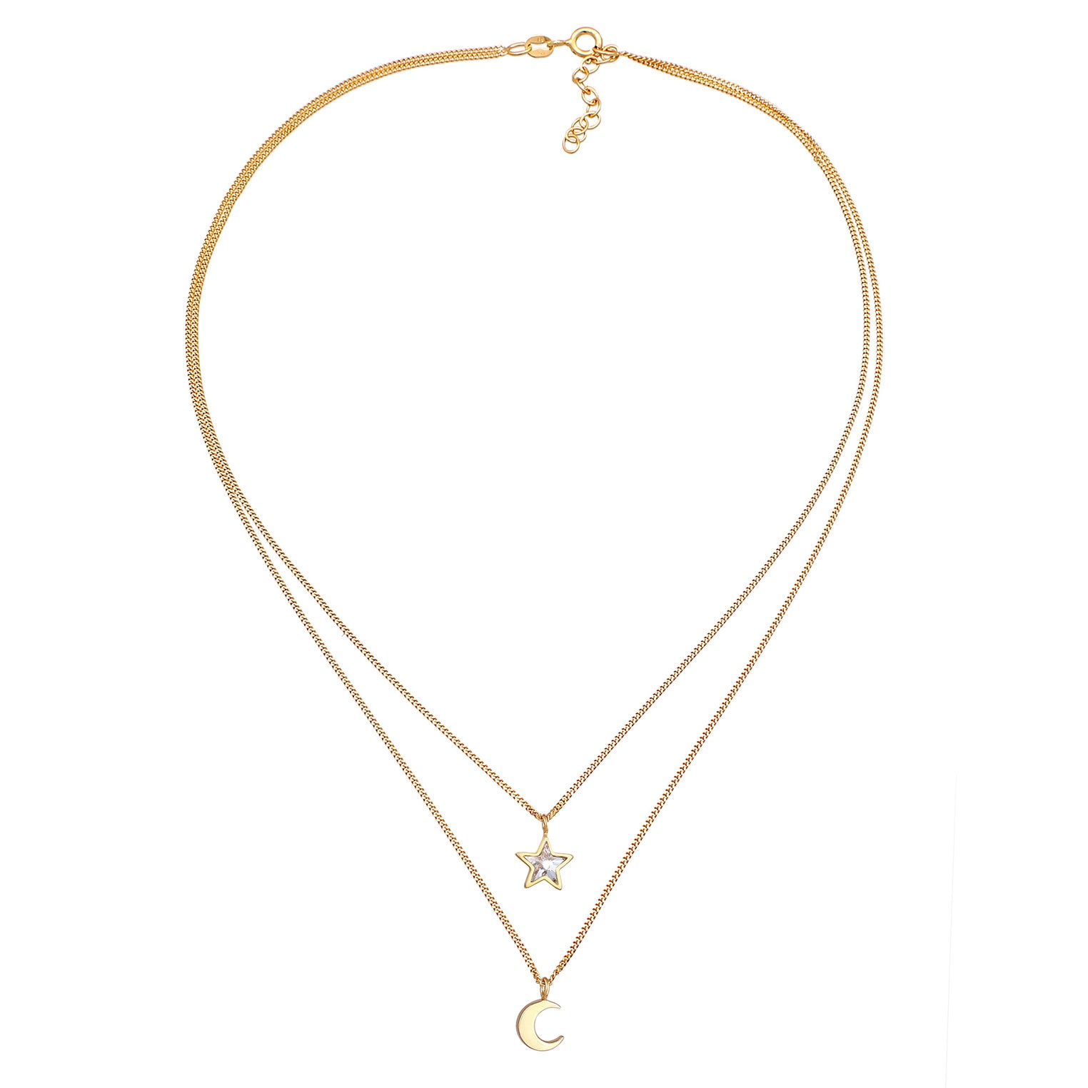 Gold - Elli | Layer-Halskette Stern Halbmond | Kristall (Weiß) | 925er Sterling Silber