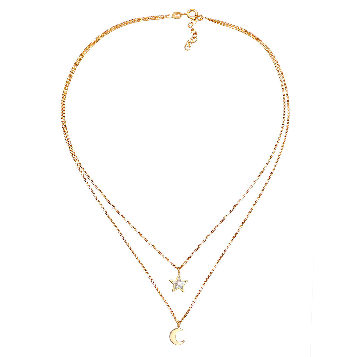Gold - Elli | Layer-Halskette Stern Halbmond | Mit Kristallen von Swarovski® (Weiß) | 925er Sterling Silber