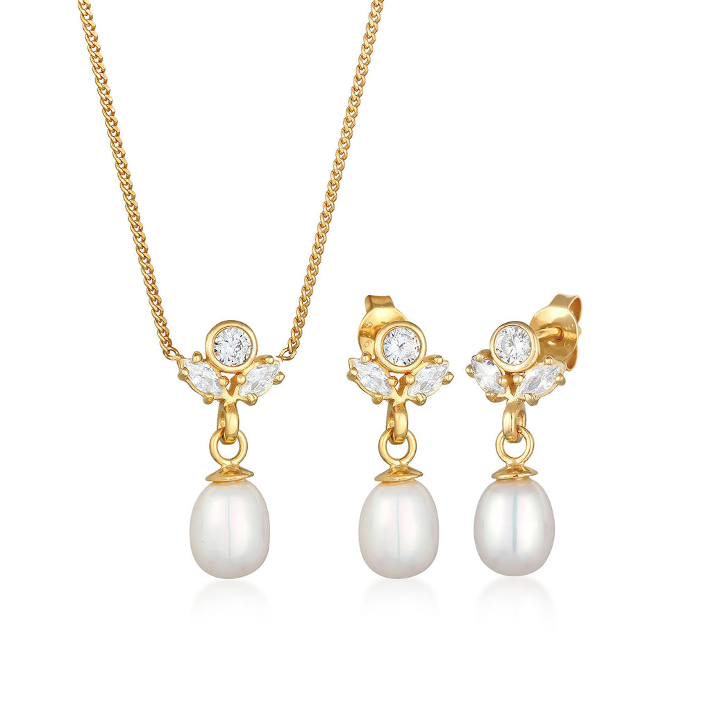 Gold - Elli PREMIUM | Schmuckset | Süßwasserperlen, Zirkonia (Weiß) | 925er Sterling Silber