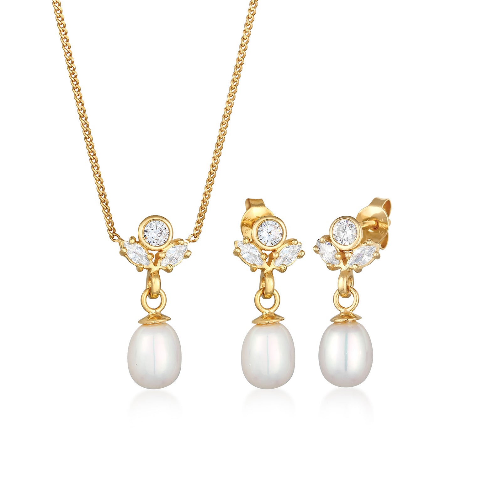 Gold - Elli PREMIUM | Schmuckset | Süßwasserperlen, Zirkonia (Weiß) | 925er Sterling Silber