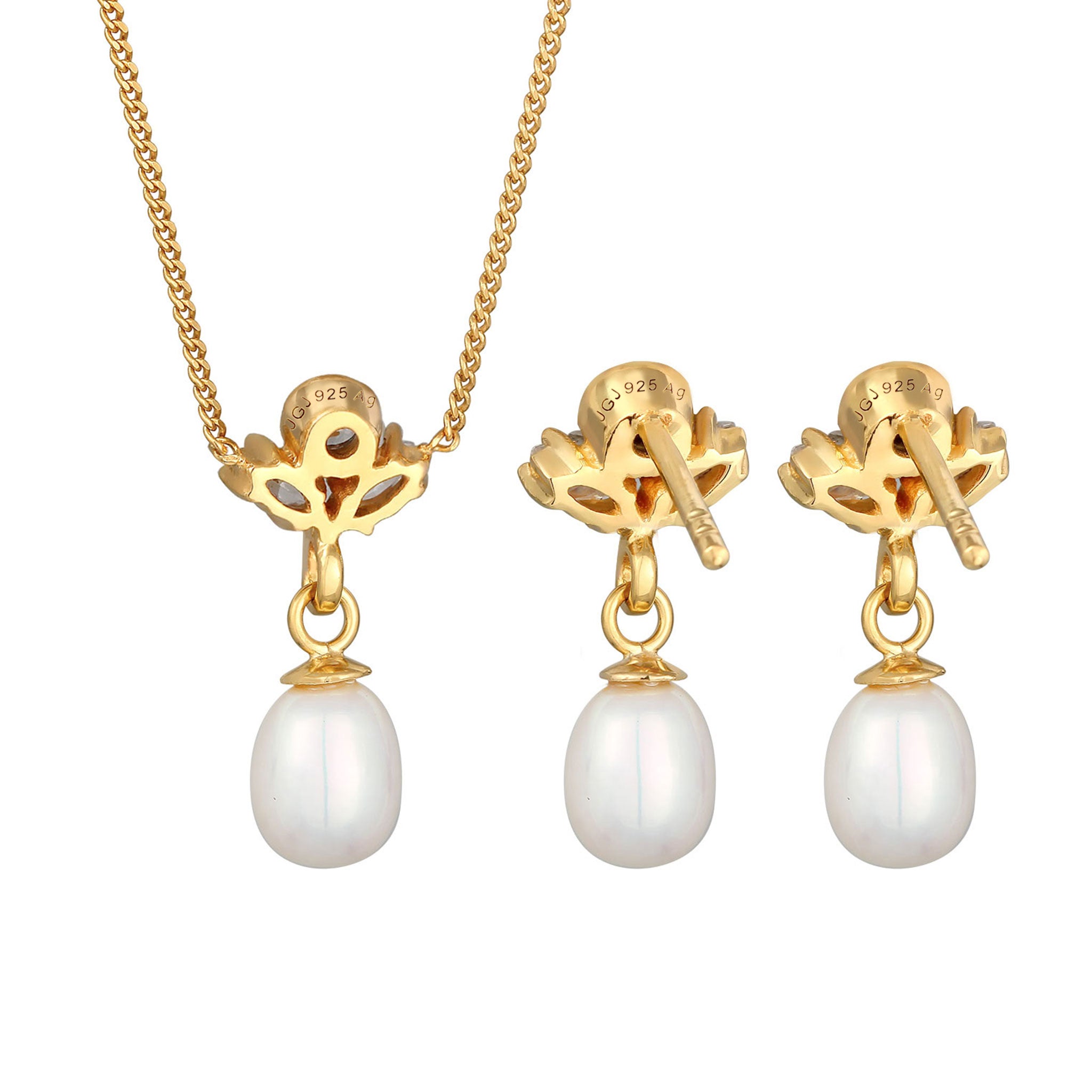 Gold - Elli PREMIUM | Schmuckset | Süßwasserperlen, Zirkonia (Weiß) | 925er Sterling Silber