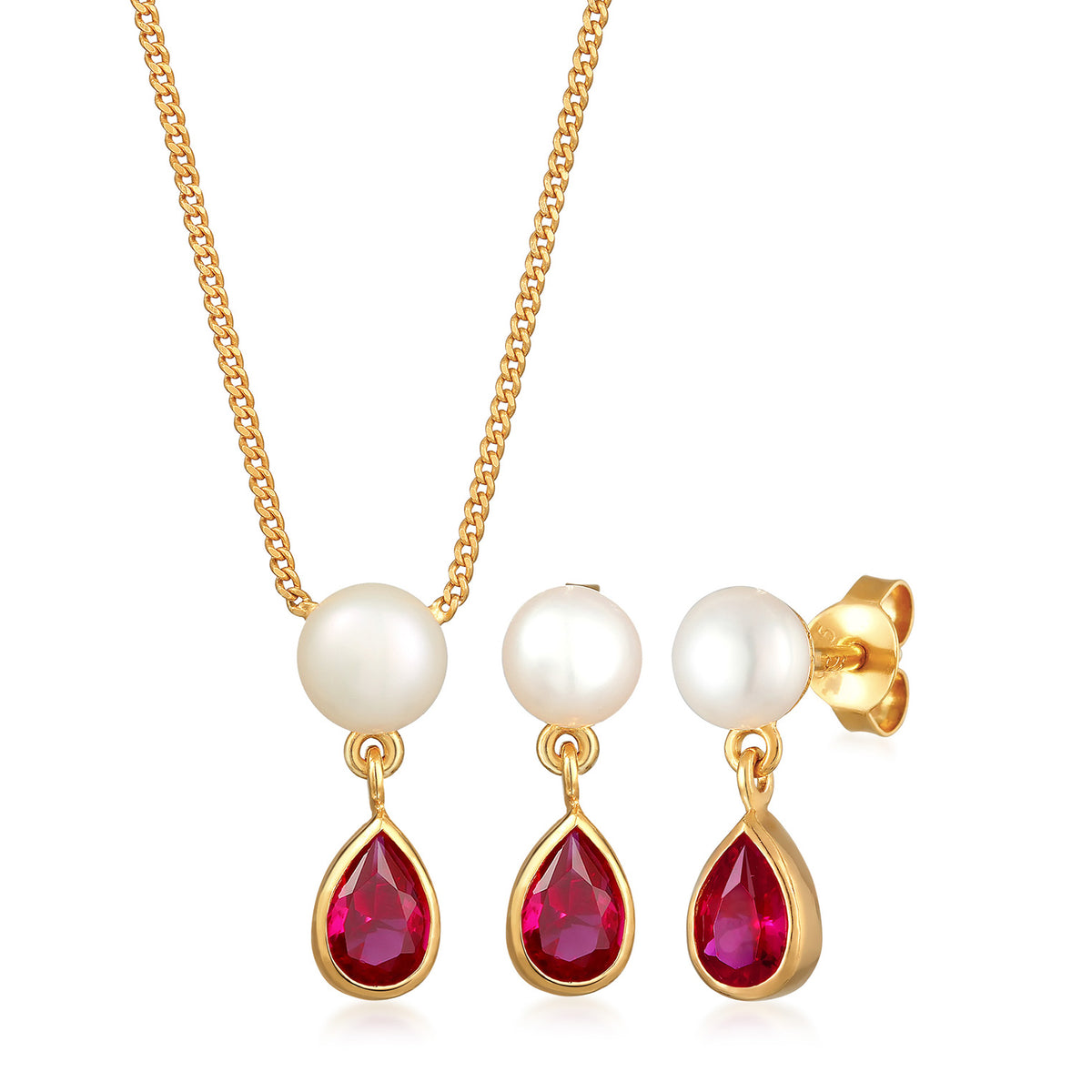 Gold - Elli PREMIUM | Schmuckset Tropfen | Süßwasserperle, Rubin (rot) | 925 Sterling Silber vergoldet