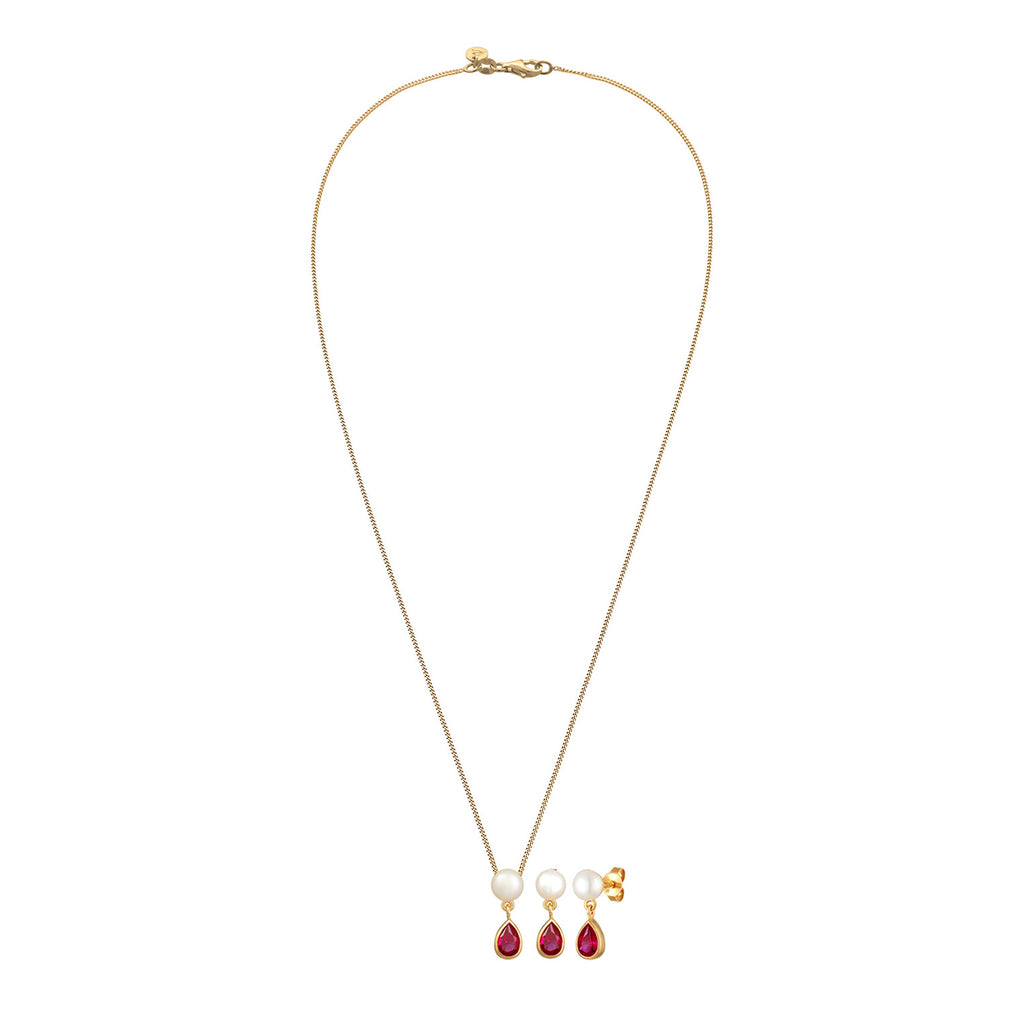 Gold - Elli PREMIUM | Schmuckset Tropfen | Süßwasserperle, Rubin (rot) | 925 Sterling Silber vergoldet
