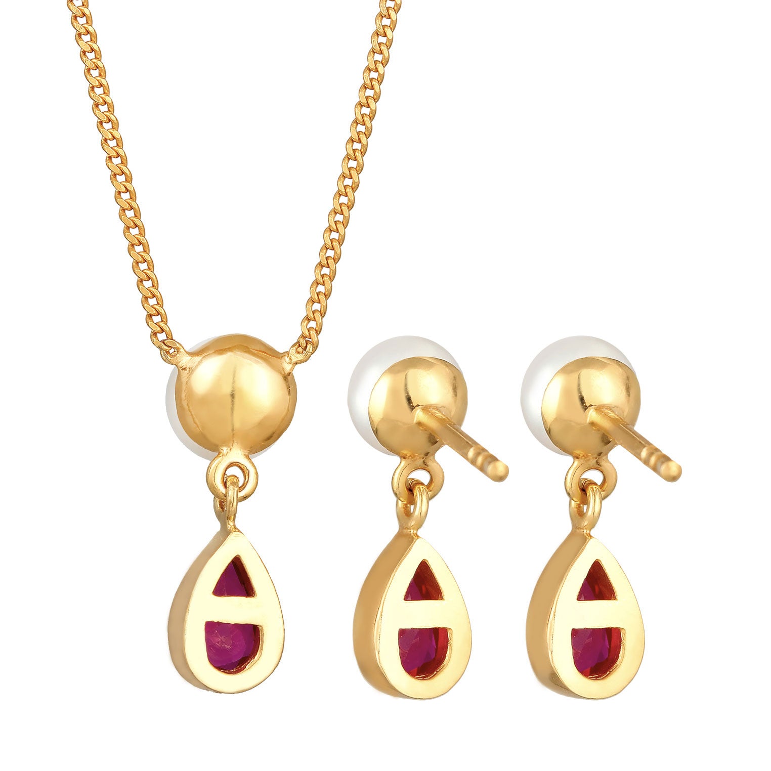 Gold - Elli PREMIUM | Schmuckset Tropfen | Süßwasserperle, Rubin (rot) | 925 Sterling Silber vergoldet