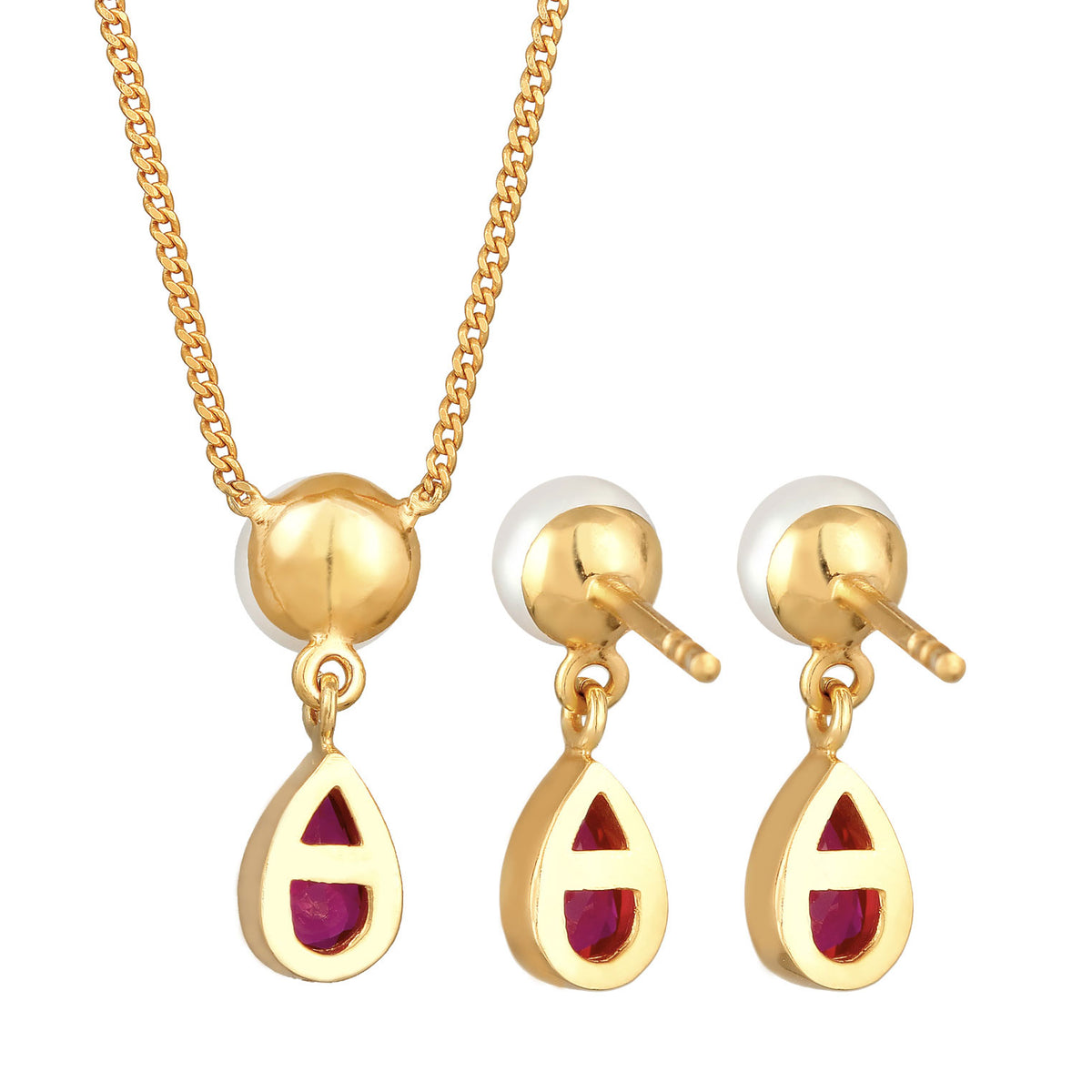 Gold - Elli PREMIUM | Schmuckset Tropfen | Süßwasserperle, Rubin (rot) | 925 Sterling Silber vergoldet