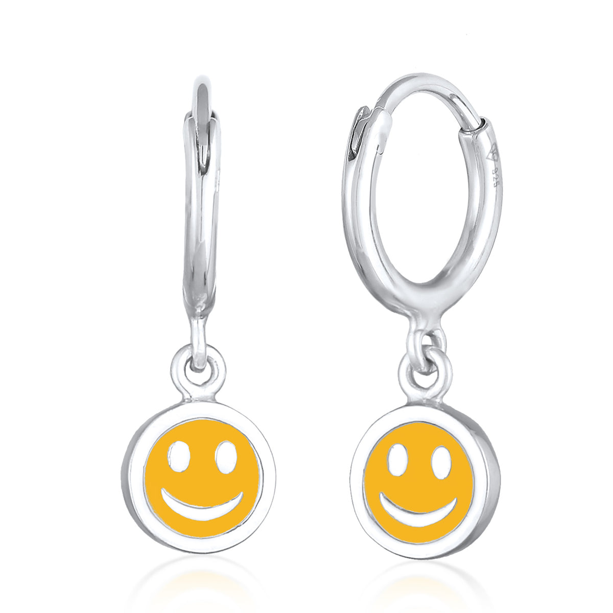 Silber - Elli | Creolen mit Smiling Face Anhänger | Emaille (Orange) | 925er Sterling Silber