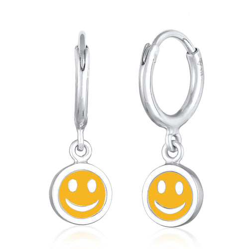 Silber - Elli | Creolen mit Smiling Face Anhänger | Emaille (Orange) | 925er Sterling Silber