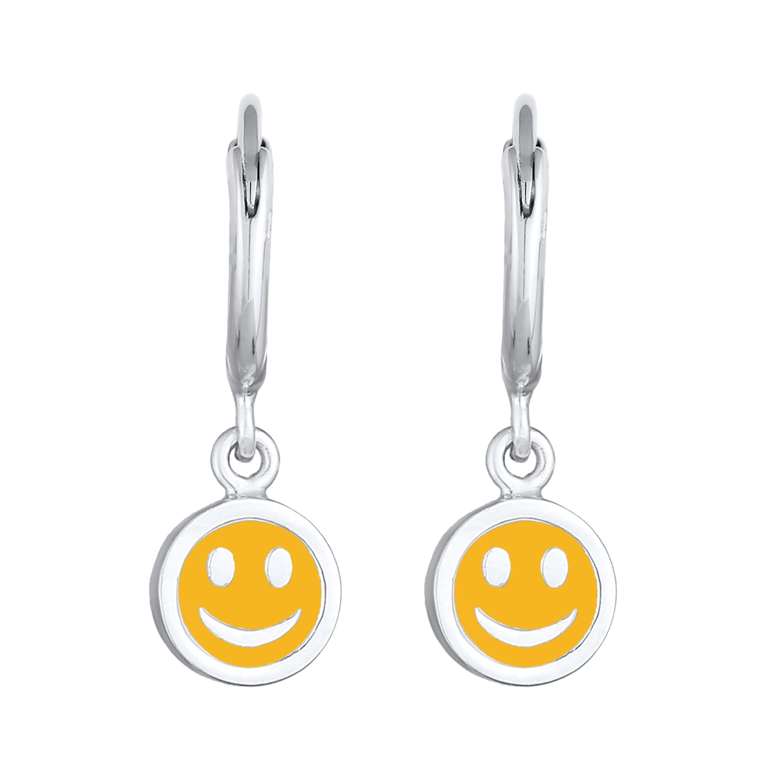 Silber - Elli | Creolen mit Smiling Face Anhänger | Emaille (Orange) | 925er Sterling Silber