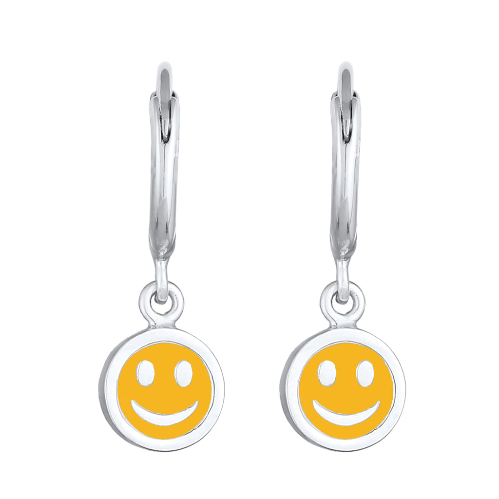Silber - Elli | Creolen mit Smiling Face Anhänger | Emaille (Orange) | 925er Sterling Silber