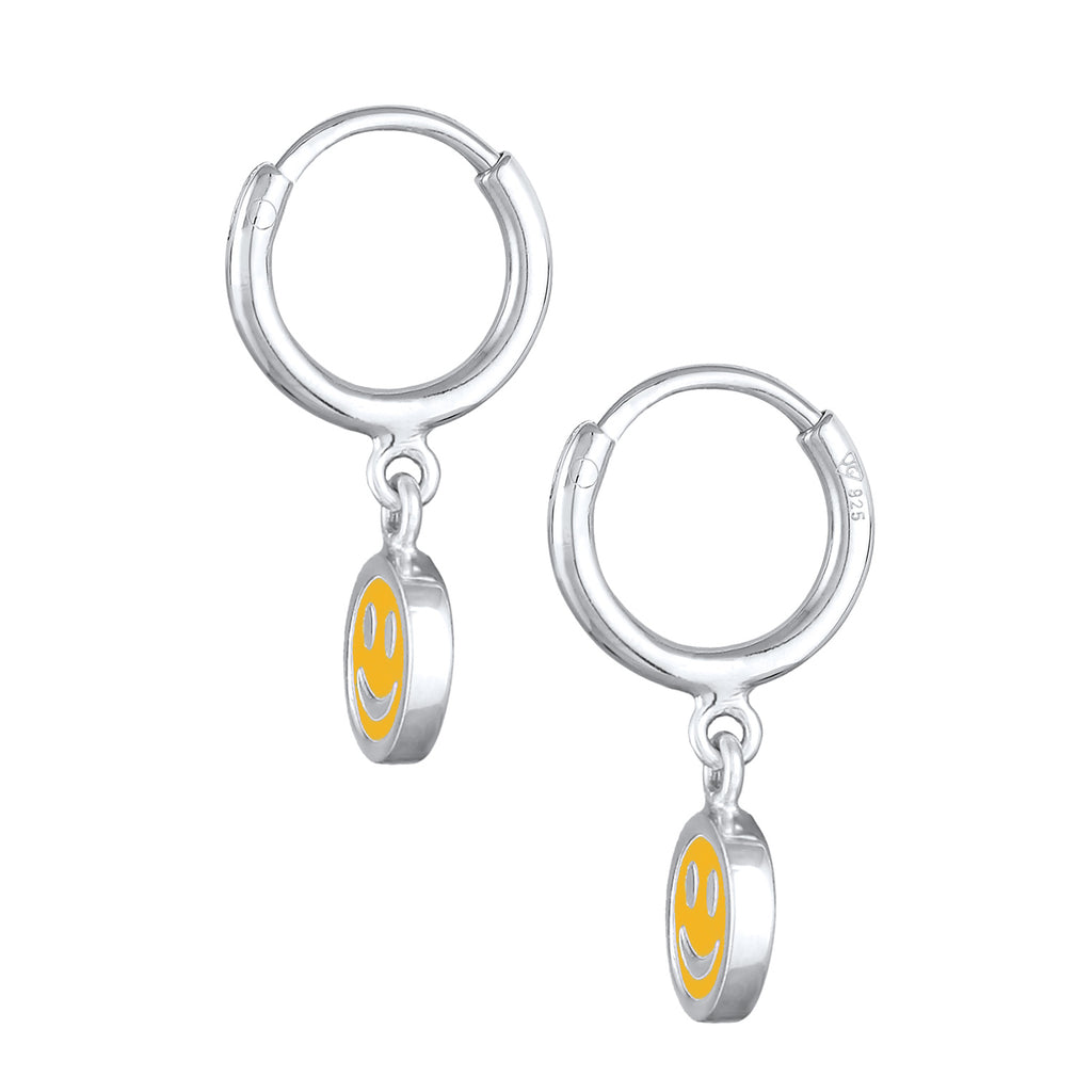 Silber - Elli | Creolen mit Smiling Face Anhänger | Emaille (Orange) | 925er Sterling Silber