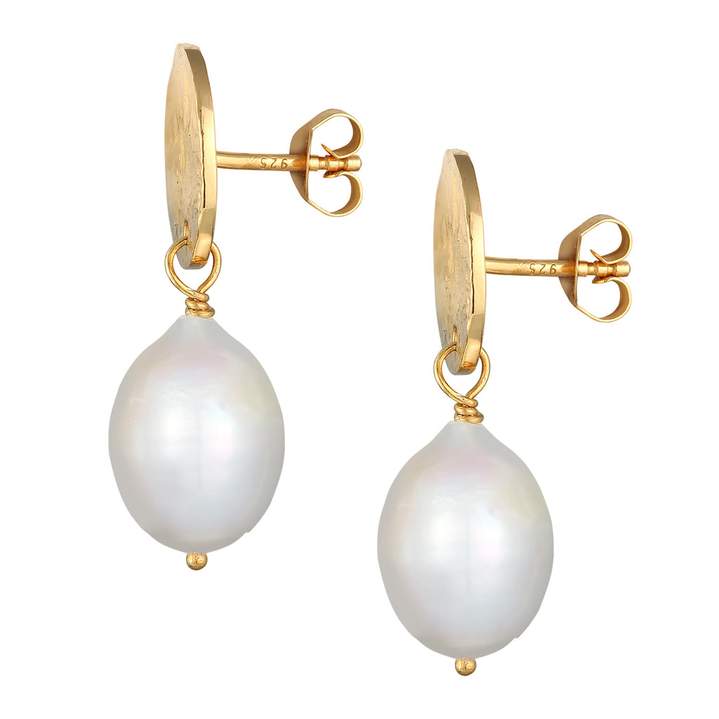 Gold - Elli PREMIUM | Ohrhänger Plättchen Organic | Süßwasserperle | 925er Sterling Silber