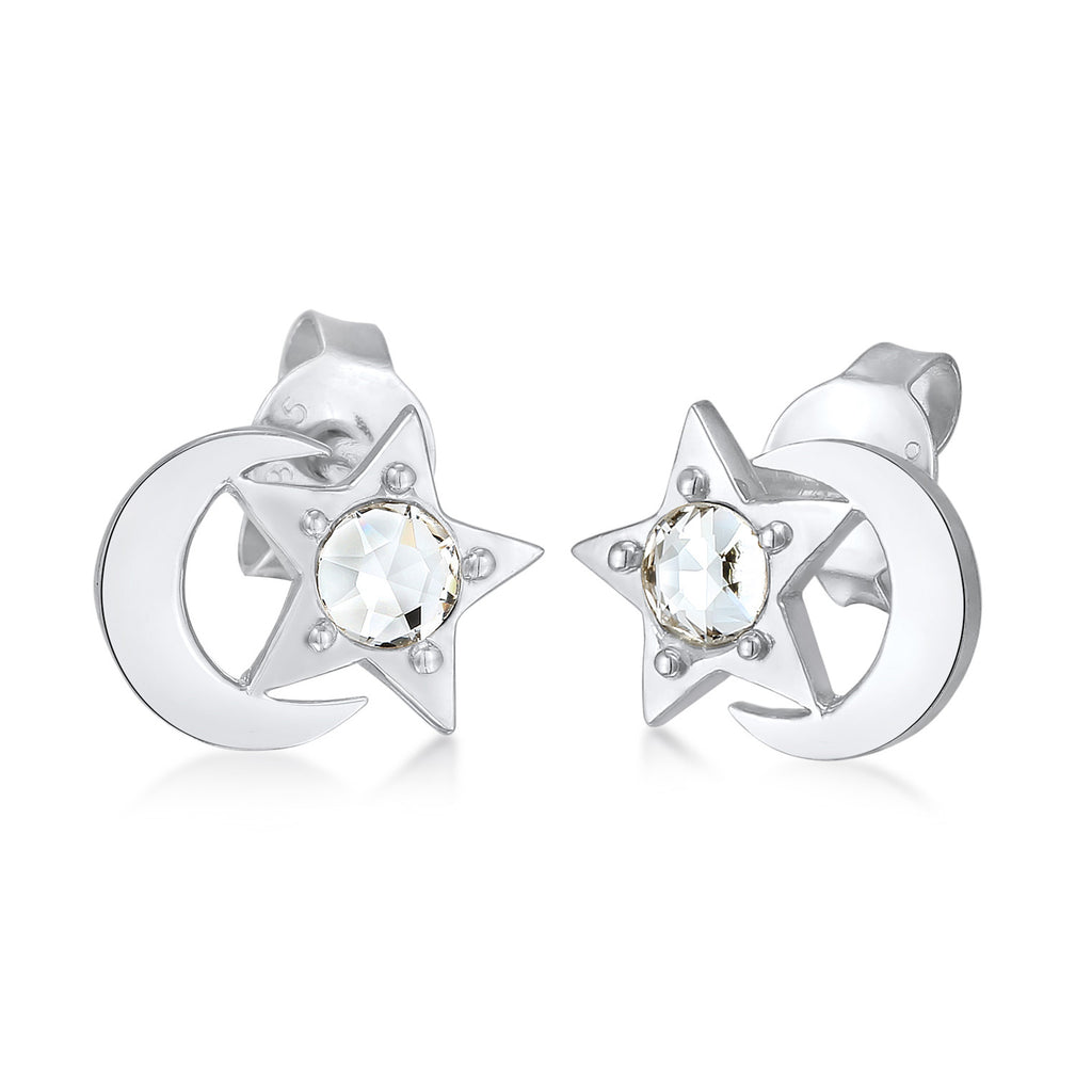 Silber - Elli | Ohrstecker Halbmond Stern | Kristall (Weiß) | 925er Sterling Silber