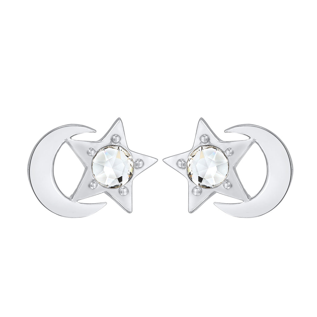 Silber - Elli | Ohrstecker Halbmond Stern | Kristall (Weiß) | 925er Sterling Silber