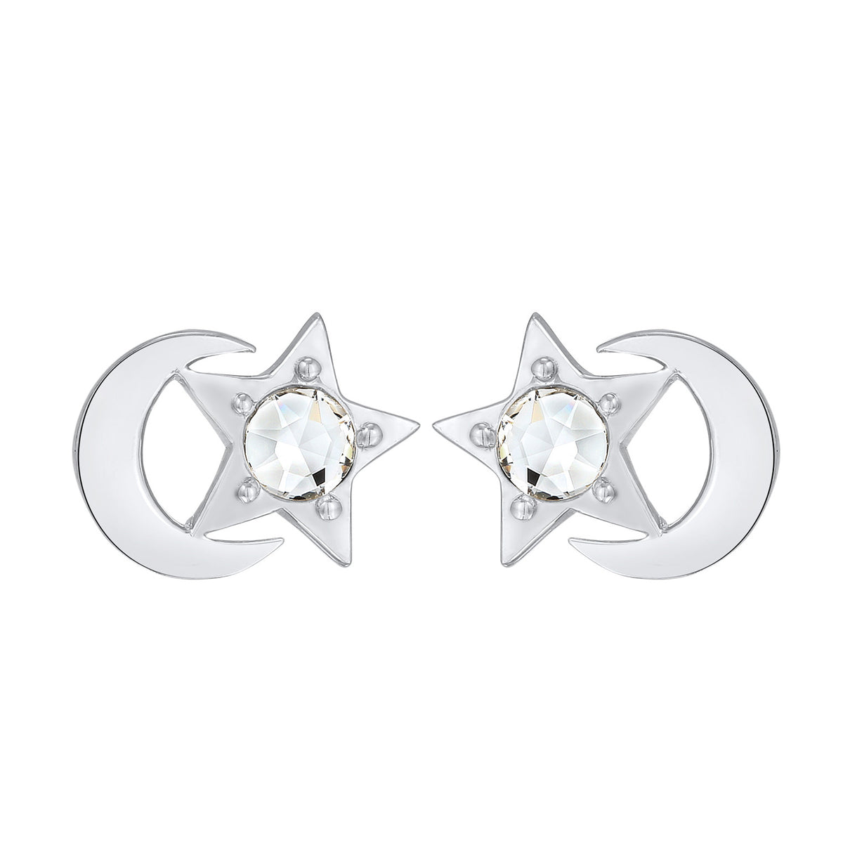 Silber - Elli | Ohrstecker Halbmond Stern | Kristall (Weiß) | 925er Sterling Silber