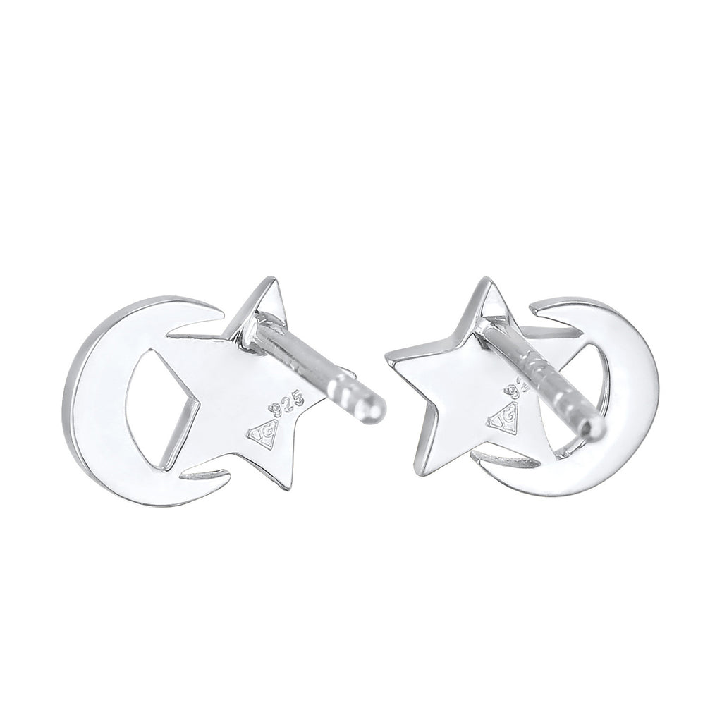 Silber - Elli | Ohrstecker Halbmond Stern | Kristall (Weiß) | 925er Sterling Silber