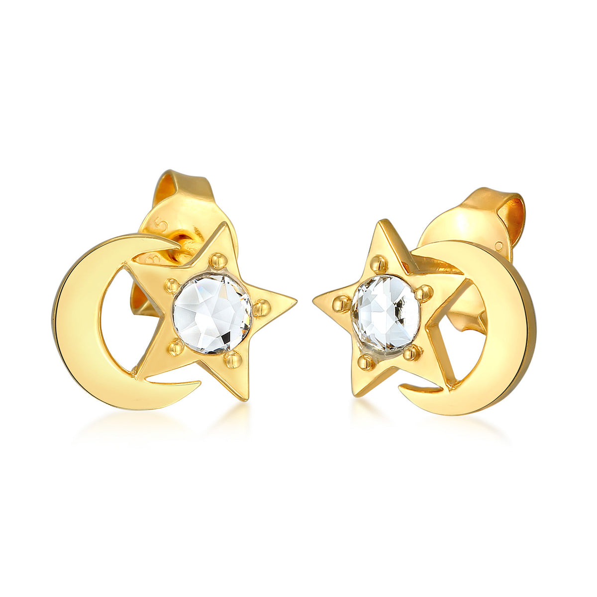 Gold - Elli | Ohrstecker Halbmond Stern | Kristall (weiß) | 925er Sterling Silber