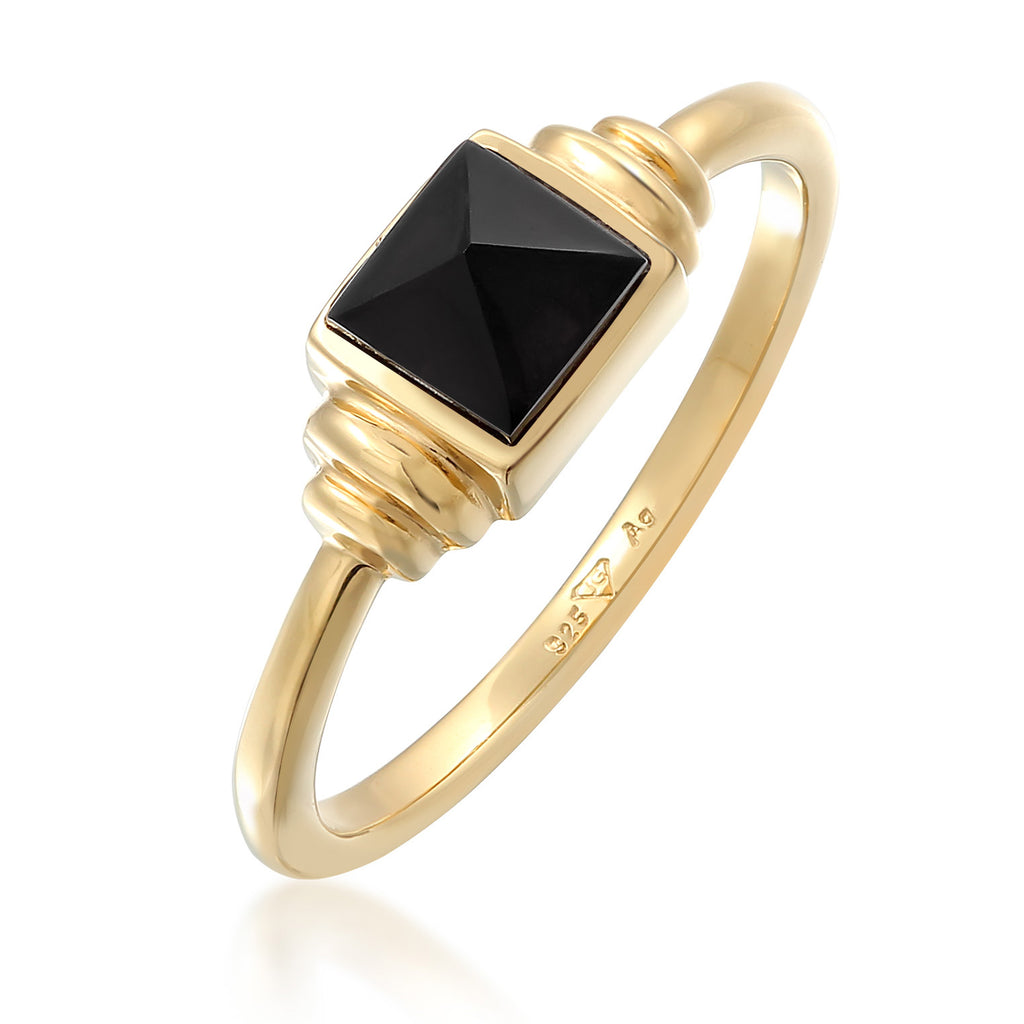 Gold - Elli PREMIUM | Solitär-Ring Quadrat | Onyx (Schwarz) | 925er Sterling Silber