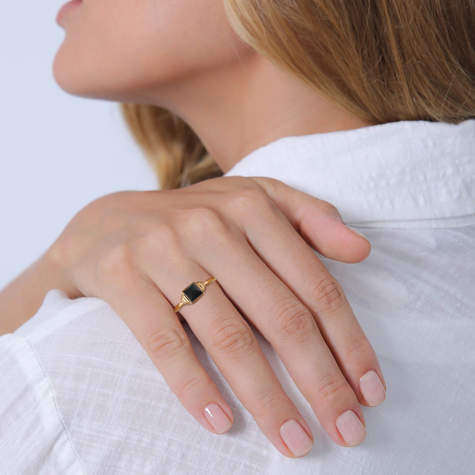 Gold - Elli PREMIUM | Solitär-Ring Quadrat | Onyx (Schwarz) | 925er Sterling Silber
