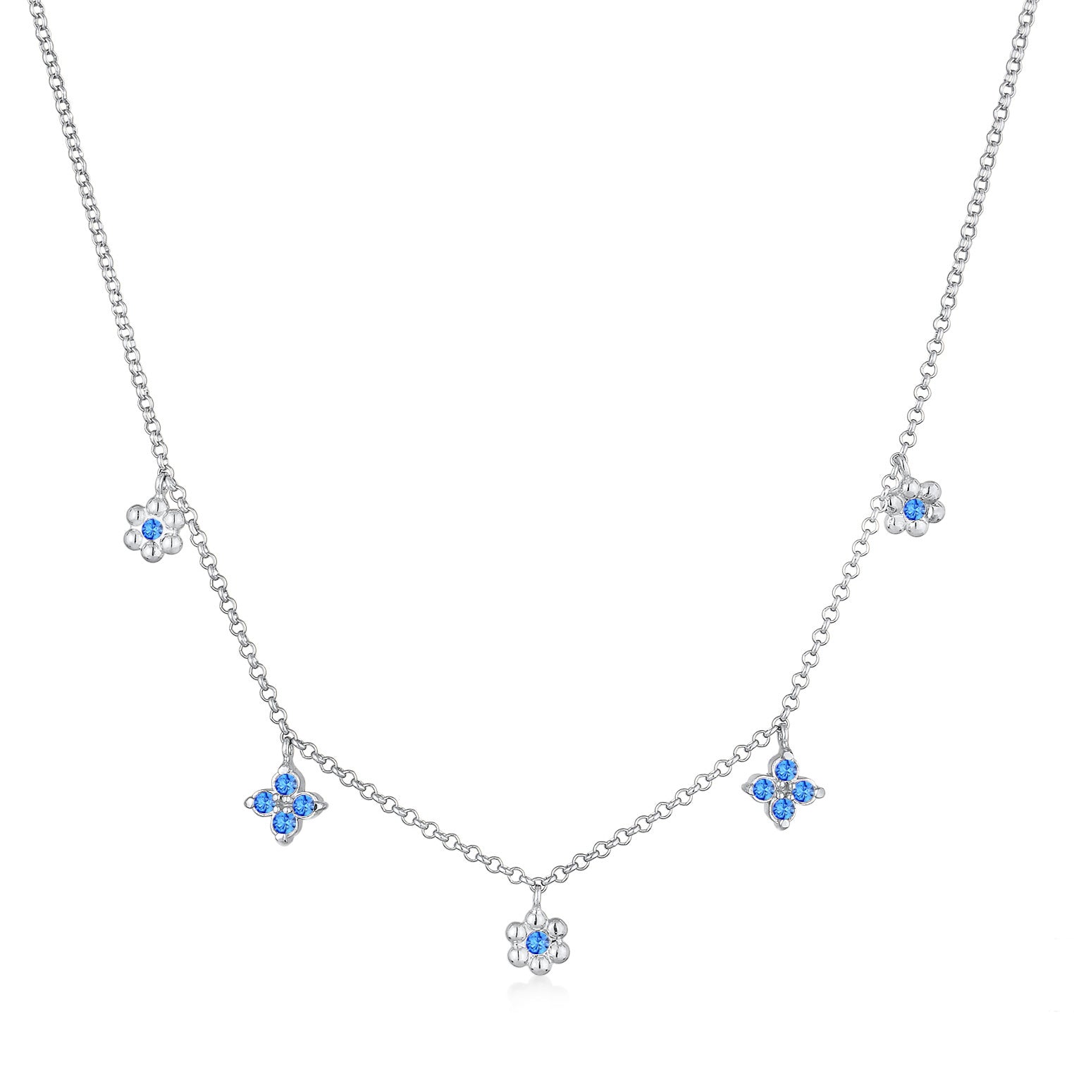 Silber - Elli | Halskette Blumen Anhänger | Kristalle (Blau) | 925er Sterling Silber