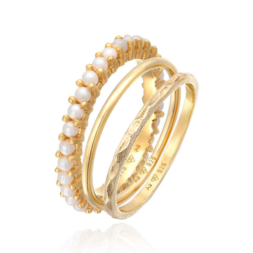 Gold - Elli | Stapelring 3er Set Elegant | Perlen | 925er Sterling Silber vergoldet