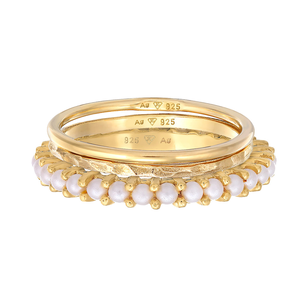 Gold - Elli | Stapelring 3er Set Elegant | Perlen | 925er Sterling Silber vergoldet