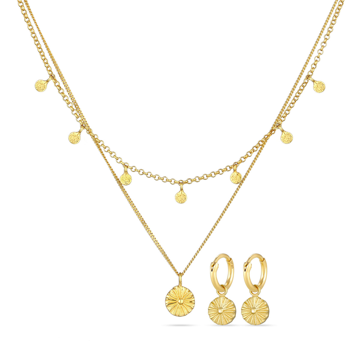 Golden Ray Sun Hoop Earrings &amp; Necklace Jewelry Set