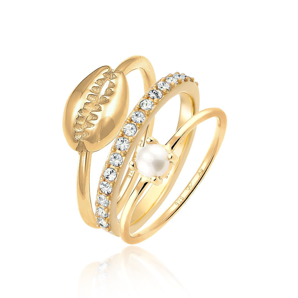 Gold - Elli | Ringset Kauri Muschel | Süßwasserperle, Kristalle (Weiß) | 925er Sterling Silber vergoldet