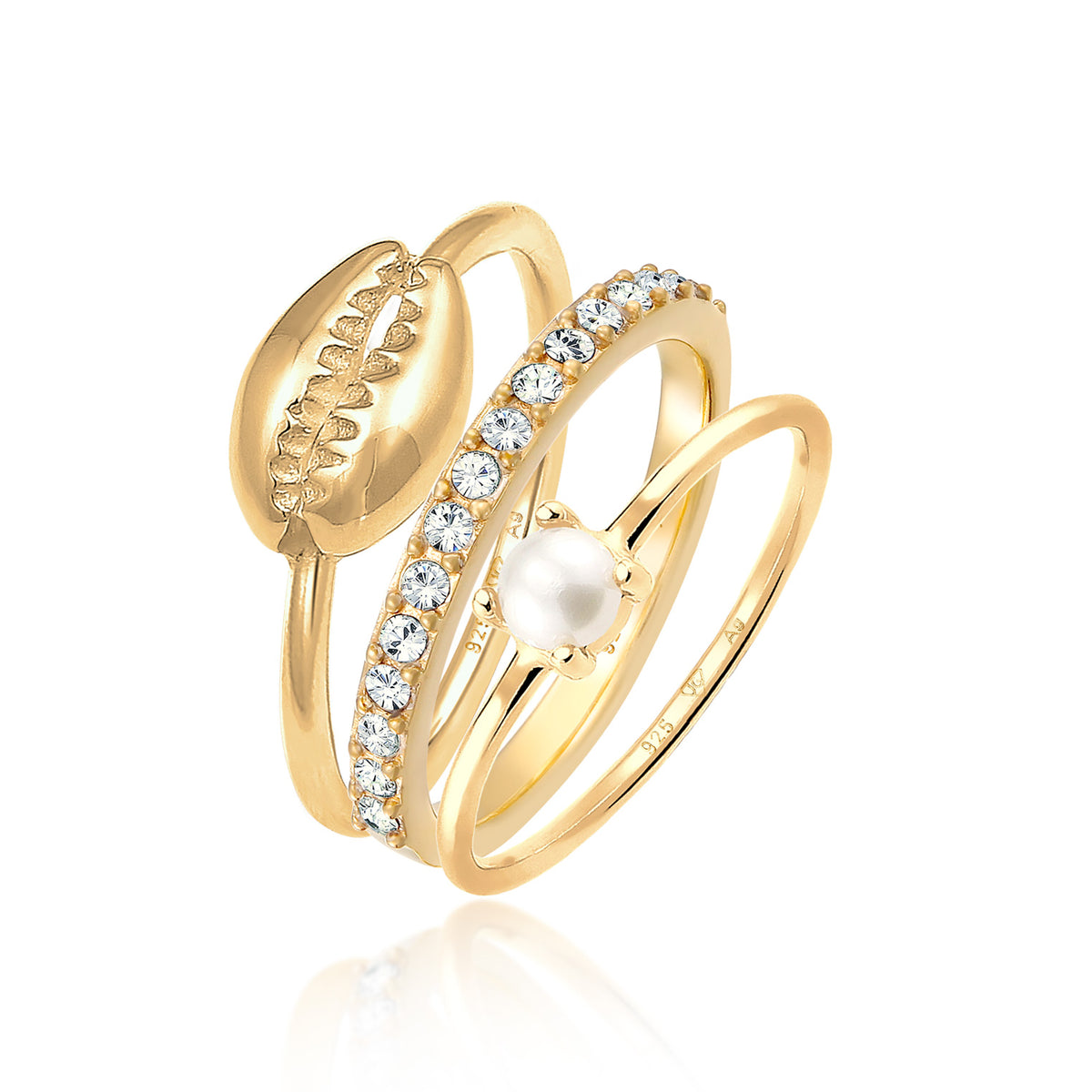 Gold - Elli | Ringset Kauri Muschel | Süßwasserperle, Kristalle (Weiß) | 925er Sterling Silber vergoldet