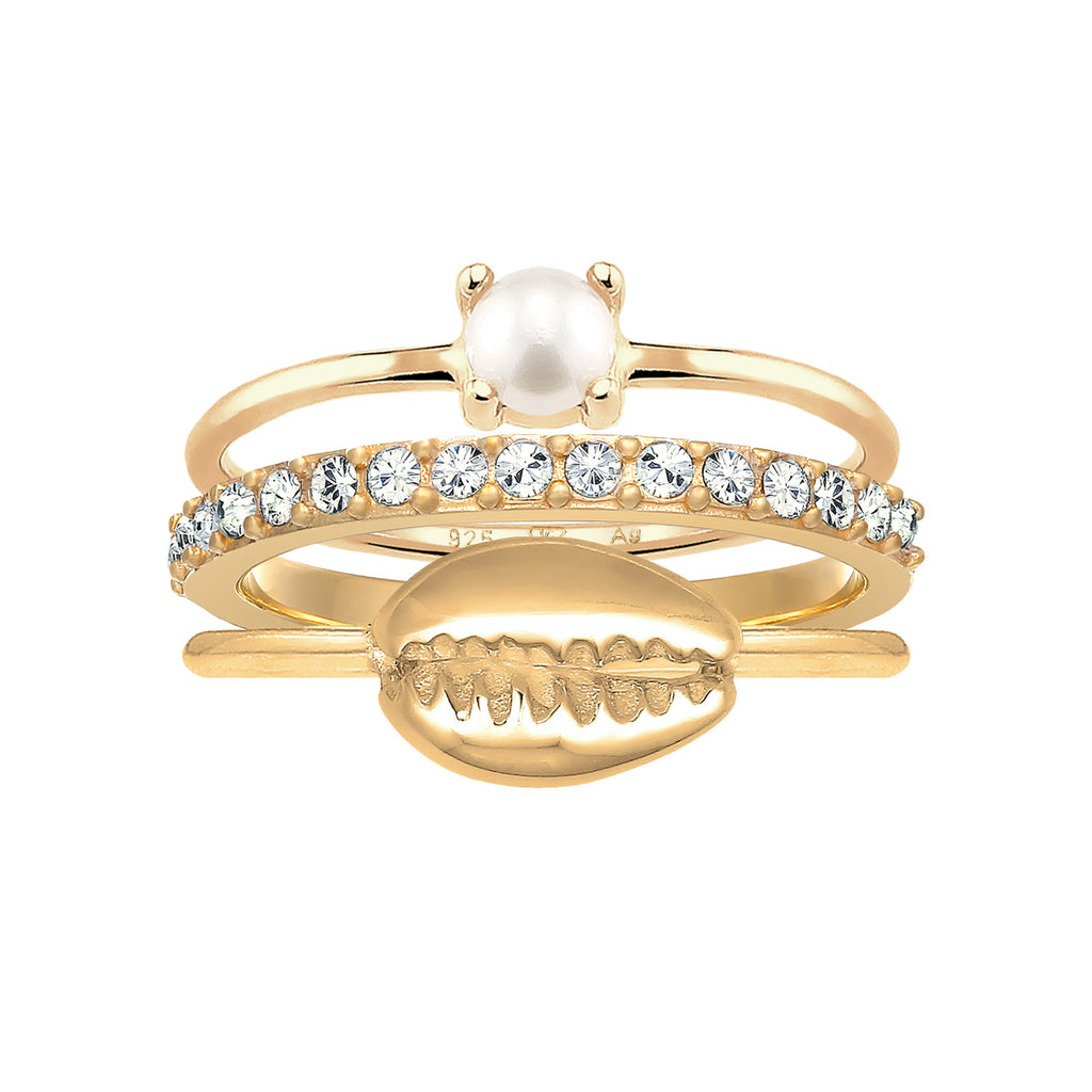Gold - Elli | Ringset Kauri Muschel | Süßwasserperle, Kristalle (Weiß) | 925er Sterling Silber vergoldet
