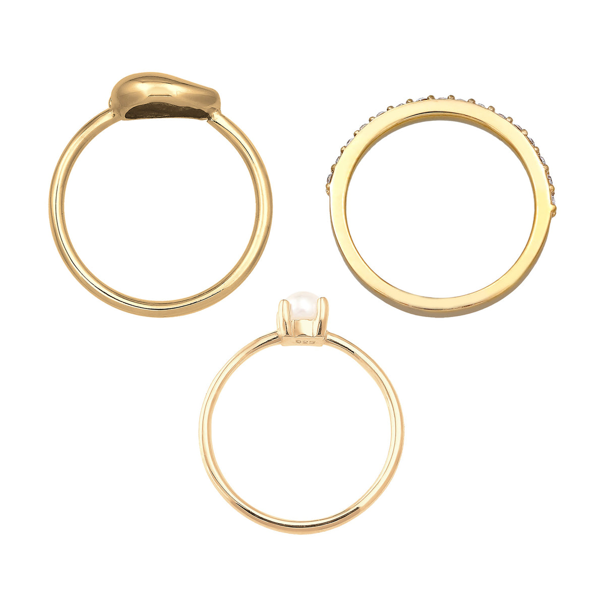 Gold - Elli | Ringset Kauri Muschel | Süßwasserperle, Kristalle (Weiß) | 925er Sterling Silber vergoldet