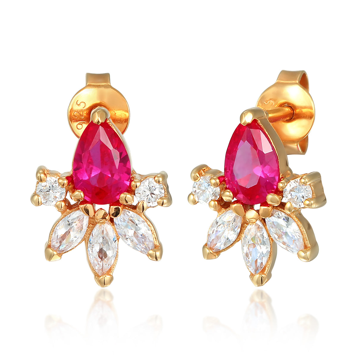 Gold - Elli | Ohrstecker Glamourös | Zirkonia, Synth. Rubin (Rosa) | 925er Sterling Silber vergoldet