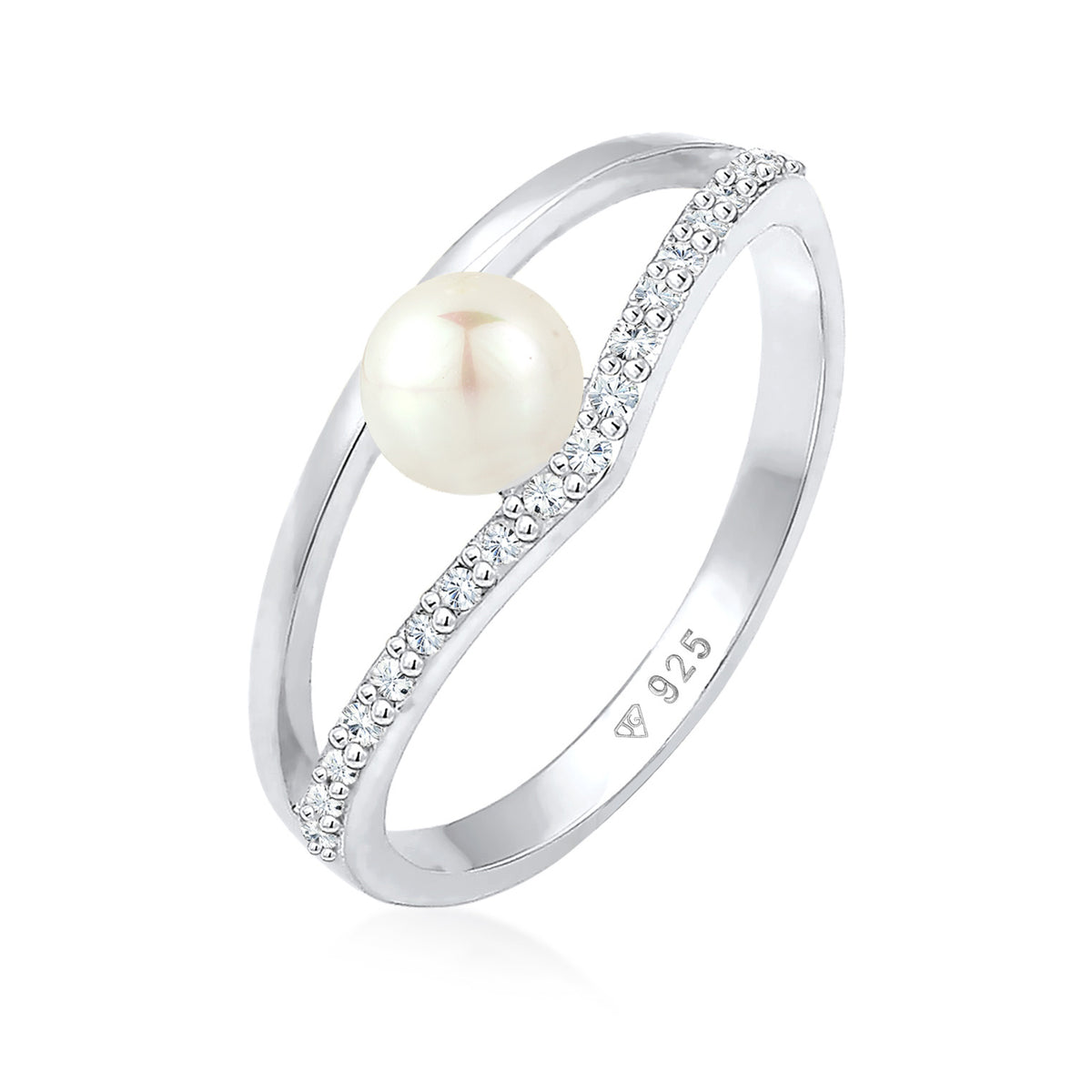 Silber - Elli | Verlobungsring Geo | Süßwasserperle, Kristall (Weiß) | 925 Sterling Silber