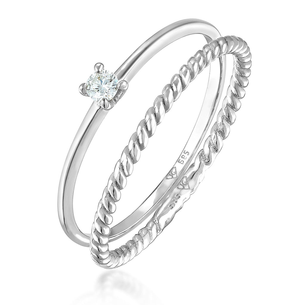 Silber - Elli DIAMONDS | Solitär Ring-Set Twisted | Diamant (Weiß, 0.06 ct.) | 585er Weißgold