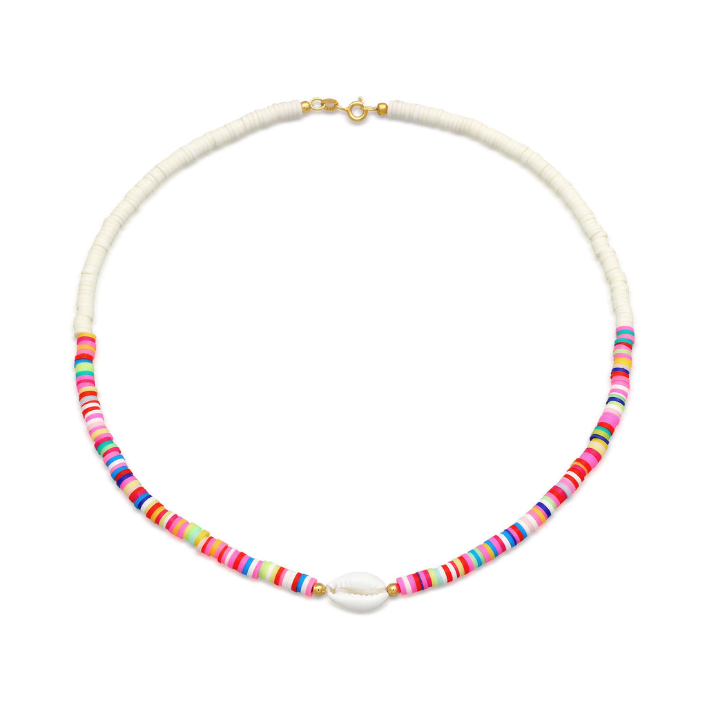 Gold - Elli | Halskette Kauri Muschel | Heishi Perlen (Bunt) | 925er Sterling Silber