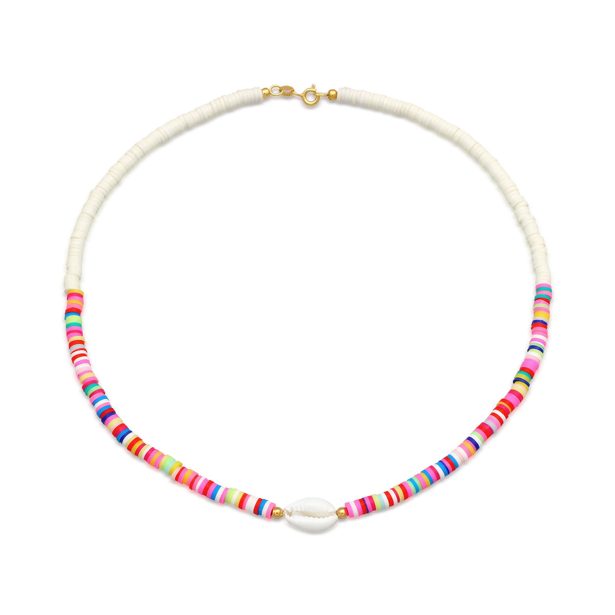 Gold - Elli | Halskette Kauri Muschel | Heishi Perlen (Bunt) | 925er Sterling Silber