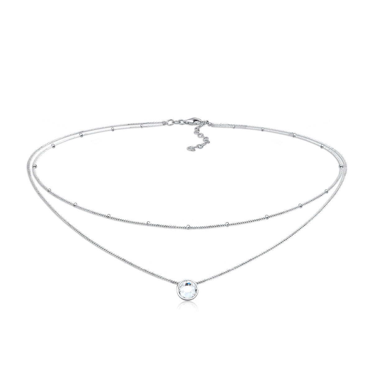 Silber - Elli | Layer-Choker Solitär Anhänger | Kristall (Weiß) | 925er Sterling Silber